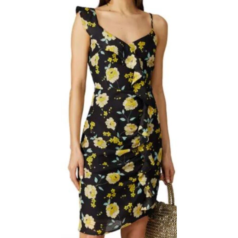 Cupcakes and Cashmere Black Floral V Neck Asymmetrical Strappy Ruffle Dress 0